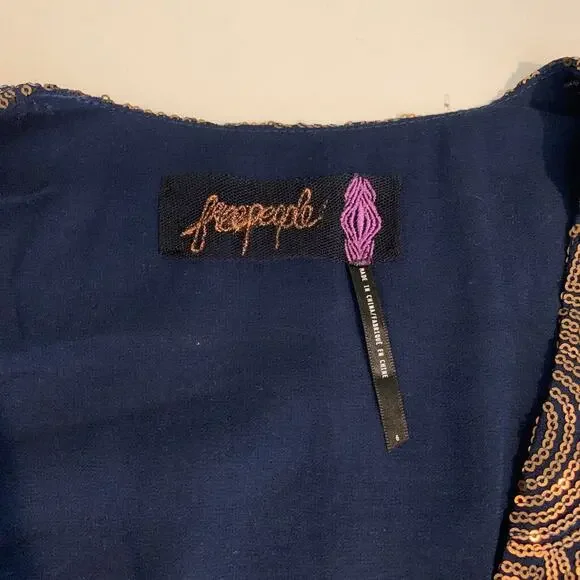 Free People Dress Women 6 Navy Gold Sequins Paris Rock Sleeveless Tie Front Mini - Picture 7 of 12